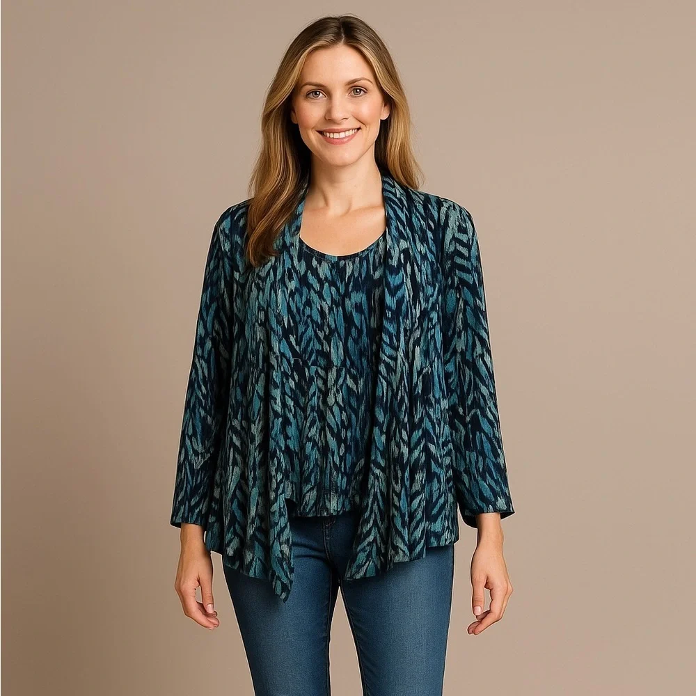 Chico’s Leaf-Print Mesh Cardigan and Matching Tank Set Size Medium Open Front
